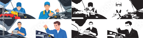 Automotive repair service showing mechanics at work