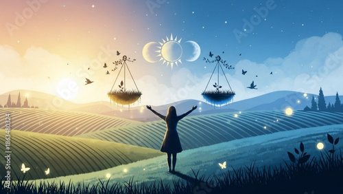 Woman standing in a serene landscape with hanging baskets and birds, symbolizing balance and harmony