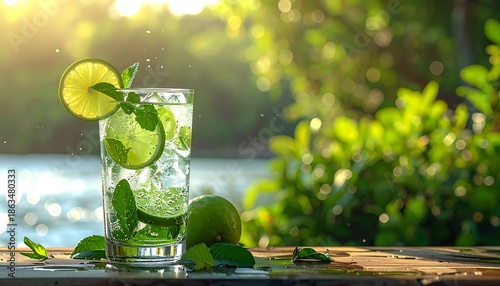 Refreshing mojito in clear glass on wooden surface, lush green bokeh background, river glistening