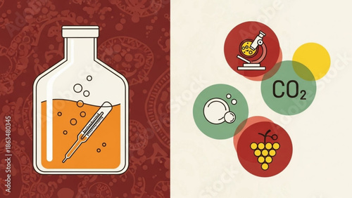 Vibrant infographic elements featuring a laboratory bottle with a syringe, co2 symbol, microscope with gas