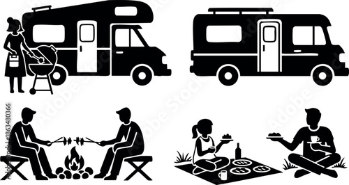 Family Camping Motorhome Picnic Cooking Outdoors Silhouette Vector Illustration 