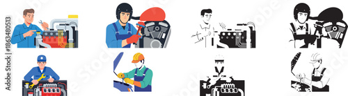 Mechanics repairing engines and machinery