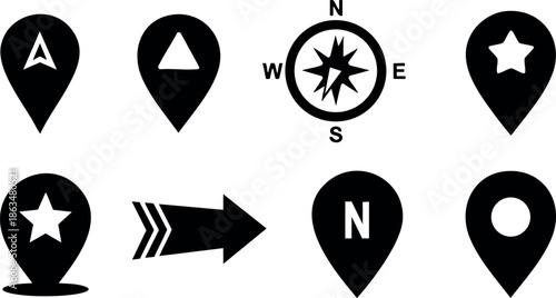 Black Location Pins and Compass Rose Vector Icons for Navigation and Mapping Design 