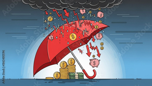 A red umbrella protects a pile of money and coins from falling currency and rain under a stormy sky