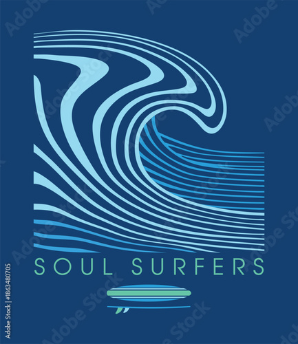 Stylized illustration of an ocean wave. Graphic art style alluding to waves and surfing.