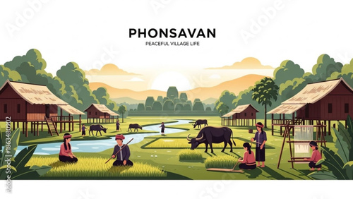 Peaceful village life with people and animals in a rural setting with houses and trees with countryside