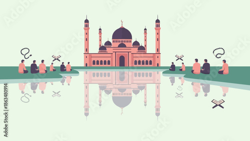 ramadan kareem, eid celebration, muslim family, handshake, cultural tradition, islamic event, festive illustration, social harmony, unity, respect, tradition

