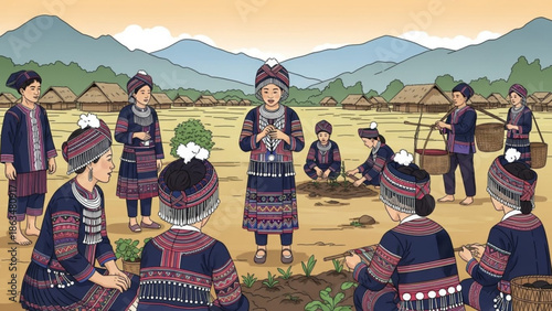 Group of people in traditional clothing planting in a field with mountains in the background rural