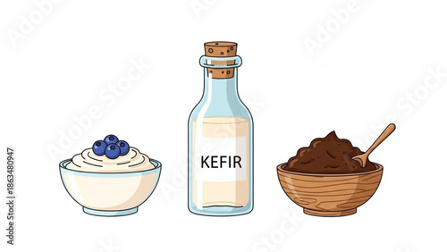 A glass bottle of kefir, a bowl of yogurt with blueberries and a bowl of chocolate mousse on a white