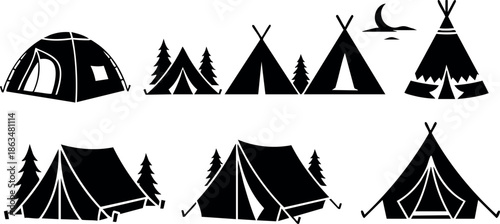 Various styles of black camping tents with trees and bird vector illustration 
