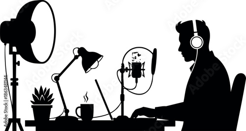 Silhouette of person recording podcast with microphone and headphones in studio setup 