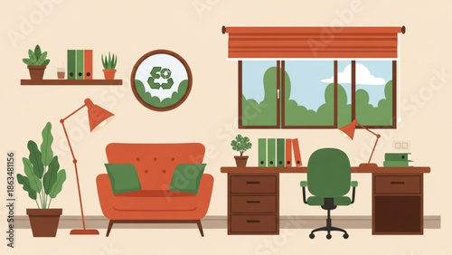 Eco friendly home office with green plants and recycling symbol on wall near orange sofa and wooden