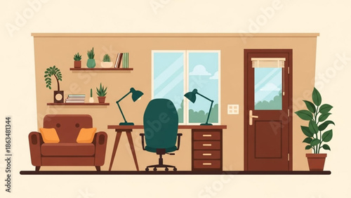 Cozy home office with desk chair and armchair, plants and bookshelves, modern workspace with natural