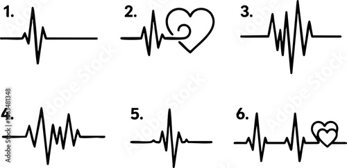Heartbeat pulse line vector set with heart icons for medical and love themes 