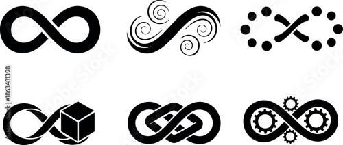 Infinity symbols set with abstract and mechanical design elements vector illustration 