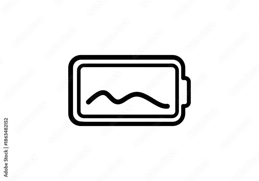 Fototapeta premium Vector Black Outline Battery Icon with Wavy Line Indicating Low Charge.