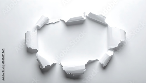 Rolled and torn bright white paper creates an abstract oval opening revealing a blank canvas of the same material