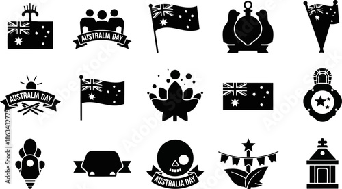Australia Day Vector Icons Collection Black Solid Australian Symbols.eps