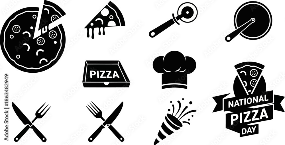 Fototapeta premium Flat black vector icons of pizza delivery dining and celebration elements.eps