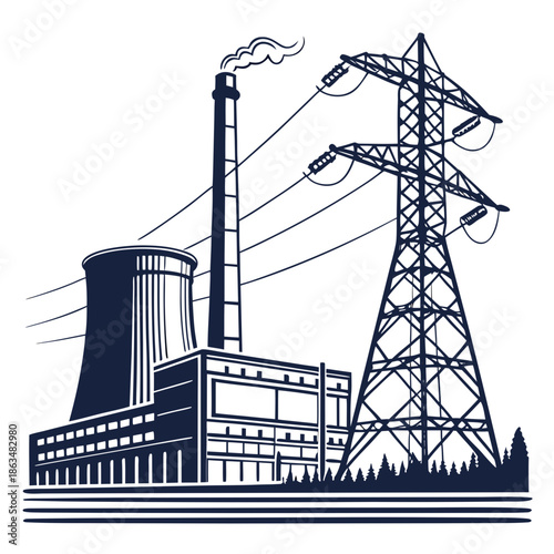 Industrial power plant with tall chimney and transmission tower