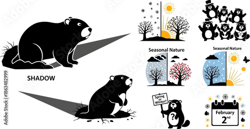 Groundhog Day cartoon vector illustration set for seasonal weather prediction.eps