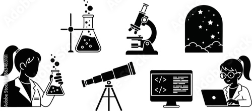 Monochrome vector icons science technology astronomy and female STEM careers.eps