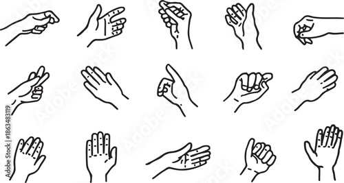 a collection of hand gestures depicted in simple black and white line drawings showcased against a plain white background high quality
