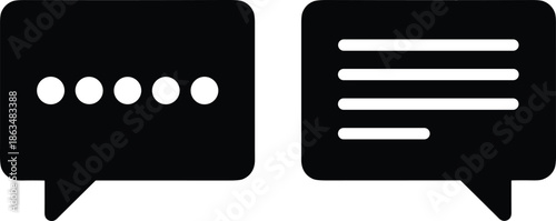 Two solid black minimalist speech bubble icons representing digital chat messaging text communication online discussion and social media user interface elements