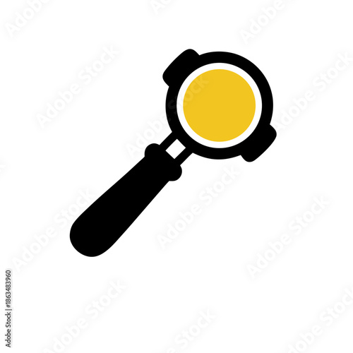 Vibrant yellow coffee portafilter icon representing essential espresso brewing equipment, perfect for cafe menu designs, barista tools, and hot beverage concepts