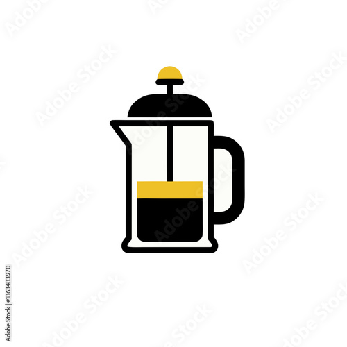 Clean vector graphic depicting a French press coffee maker, a timeless tool for brewing rich, aromatic beverages. Ideal as an icon or design element for coffee-related concepts and daily routines