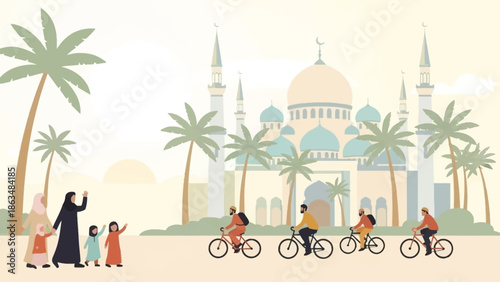 Eid Al Fitr Celebration with People Greeting in Mosque Background Vector