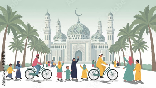 Eid Al Fitr Celebration with People Greeting in Mosque Background Vector