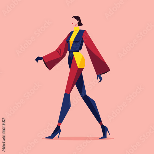 An illustrative scene portraying a confident woman striding purposefully forward in a captivating, abstract fashion ensemble, embodying modern style and dynamic movement with a vibrant aesthetic