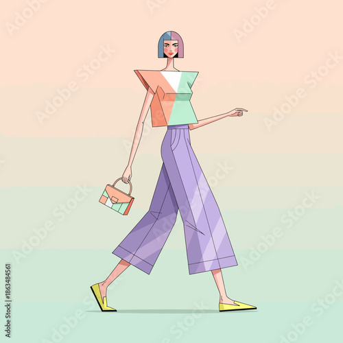 A vibrant and modern fashion scene depicting a stylized woman confidently walking, showcasing a unique geometric outfit and a chic handbag against a soft gradient background