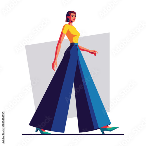 A stylish woman in wide-leg pants and a yellow top walking with confidence in a minimalist scene