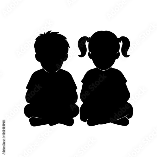 Black silhouette of a boy and girl sitting together on white background