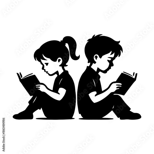 Silhouette of boy and girl sitting back to back reading books in black and white