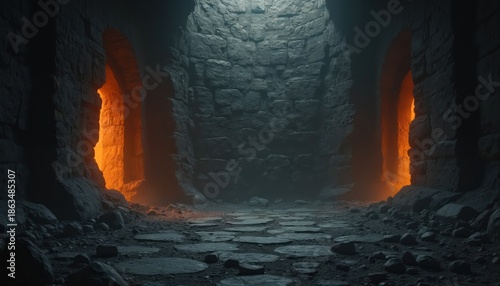 Dark ancient stone corridor with glowing orange archways on sides. Stony path leads through rough textured walls in dim light. Mysterious tunnel interior.