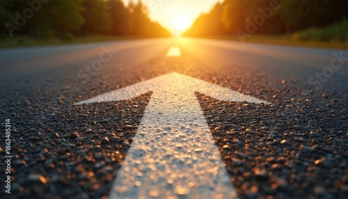 Asphalt road marked with a white arrow points towards bright sunset sun. Trees line path ahead. Open way forward suggests journey and goals.