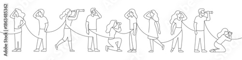 Minimalist line art of a group of people looking forward in different poses. Outline style for teamwork, search, and vision concepts
