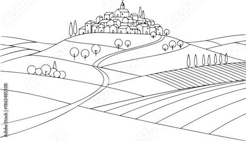A scenic black and white vector illustration of a Mediterranean-style village atop a hill, overlooking sprawling agricultural fields and winding paths. Clean, minimalist landscape line art.
