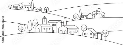 A charming minimalist line art illustration of a small village nestled among rolling hills. Simple houses and stylized trees create a peaceful, rustic landscape in a clean black and white style.