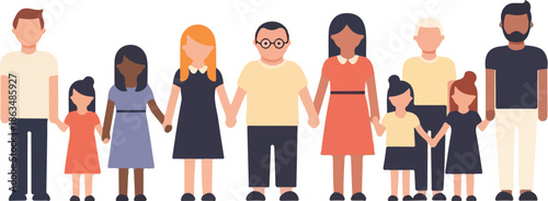 A diverse group of people of different ages and ethnicities holding hands in a line, depicted in a colorful digital illustration on a white background. Perfect for World Down Syndrome Day,