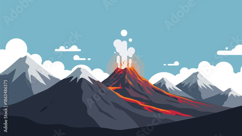 Stylized flat design vector of a powerful volcanic eruption with flowing lava, smoke plumes, and snowy peaks.