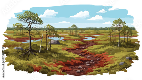 A tranquil marshland vista under a serene sky, showcasing verdant and autumnal hues across wide plains with winding waterways, robust trees, and