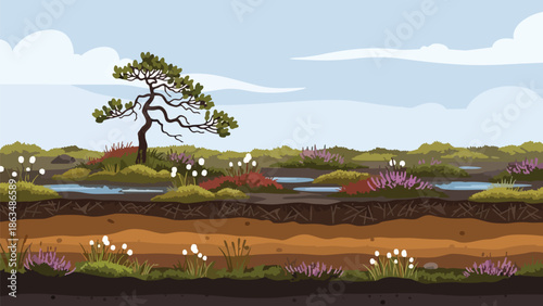 Stylized cross-section of a vibrant peatland ecosystem with pine, heather, cotton grass, and distinct soil layers