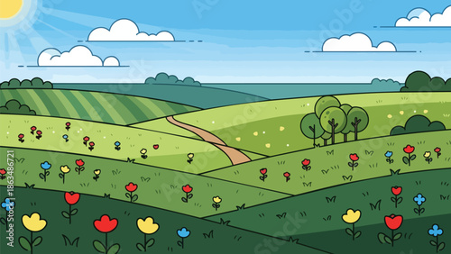 Vibrant animated nature scene of rolling green hills, wildflowers, and a sunny path