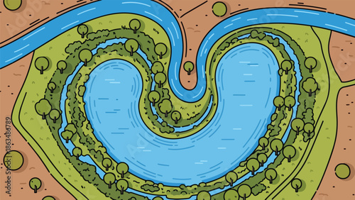 Stylized aerial view of a peaceful natural landscape. A blue river gracefully flows into a tranquil lake, bordered by lush green trees and verdant