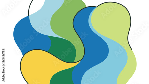 Vibrant abstract shapes in blue, green, and yellow