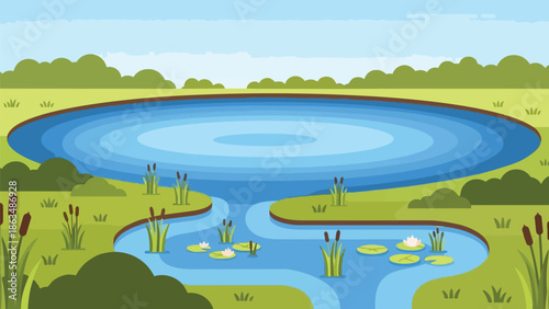 Serene flat design illustration of a tranquil pond scene with lily pads and green grassy banks under a clear sky